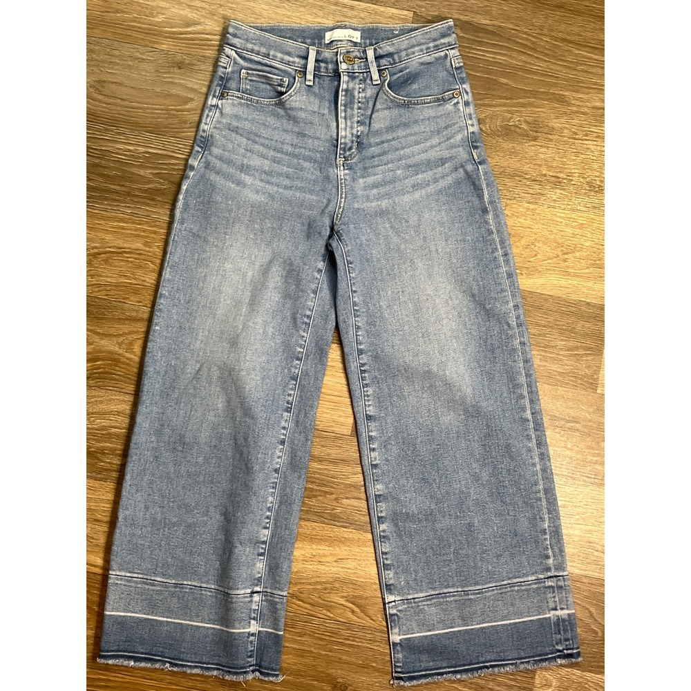 Loft High Waist Wide Leg Crop Jeans Light Wash Frayed Raw Hem Size 26 2 Womens
